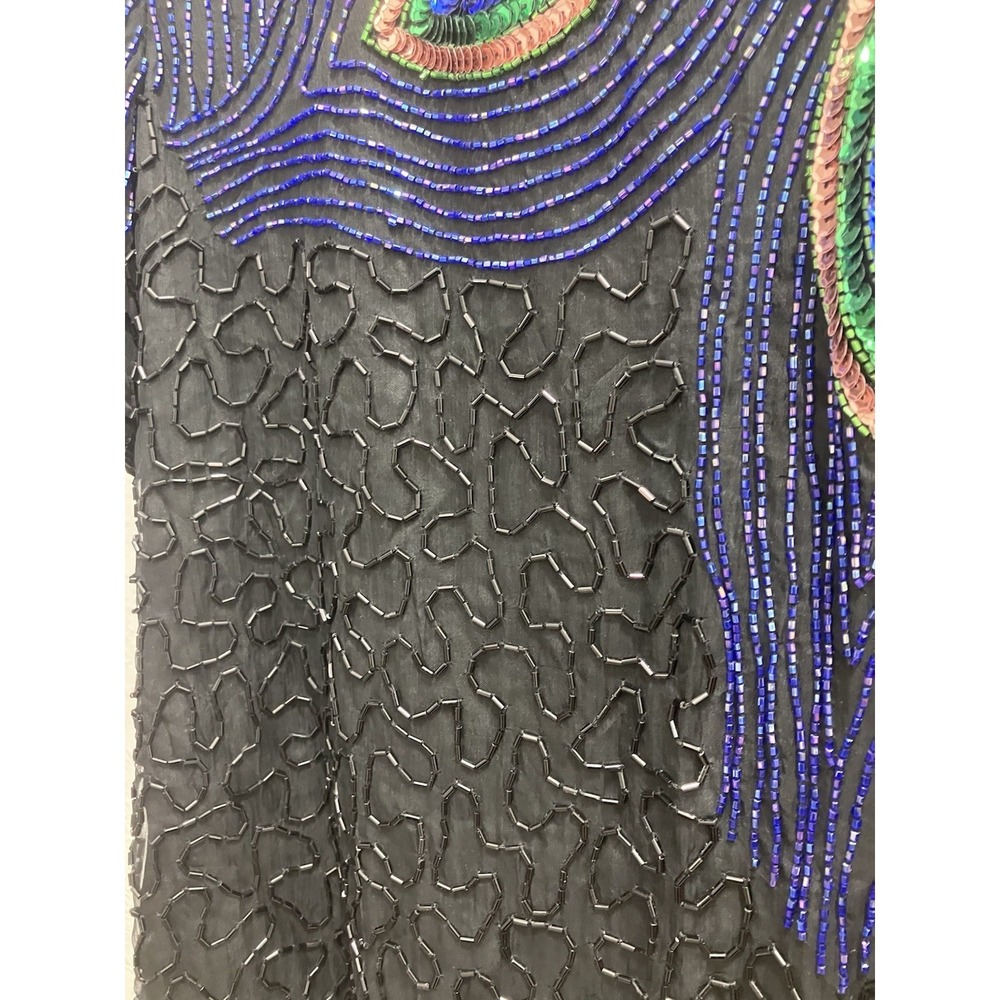 Vintage Night Vogue Sequined Beaded Black Blouse 100% Silk Peacock - Picture 2 of 10